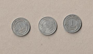 Frankrijk : 3 (gebruikte) munten van 1 fr. : 1945-1946-1949 beschikbaar voor biedingen