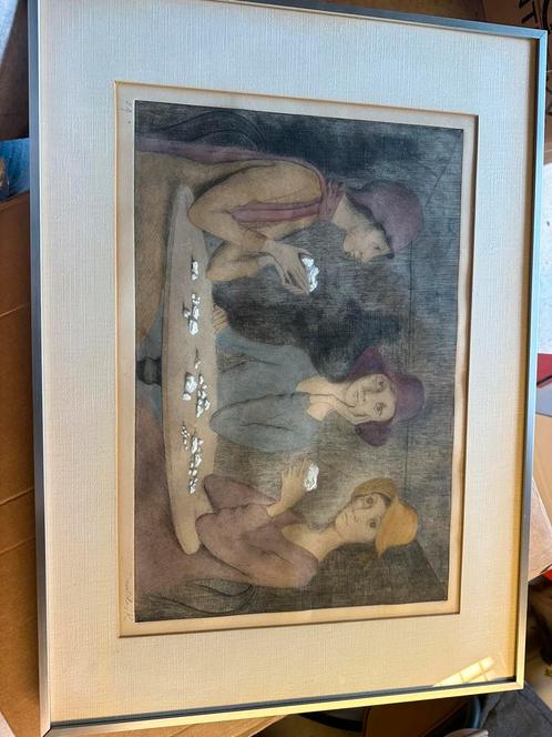 R. De Volder – Gesigneerde kleurgravure – 3 vrouwen an tafel, Antiek en Kunst, Kunst | Schilderijen | Klassiek, Ophalen of Verzenden