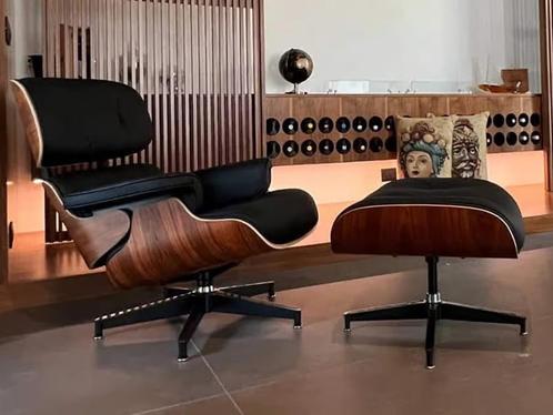 Lounge Chair en Ottoman XL Palissander of Walnoot zwart leer, Huis en Inrichting, Fauteuils, Nieuw, Hout, Leer, Metaal, 50 tot 75 cm