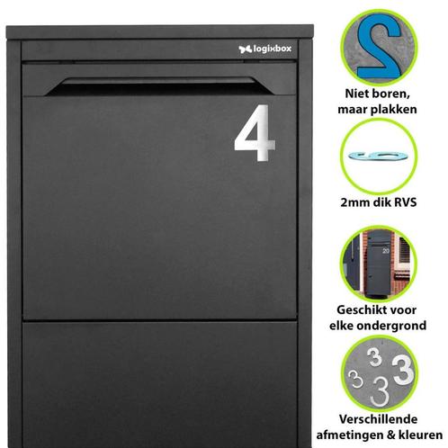 RVS Huisnummer simpel plakken? Type Bold 75mm - no 4, Huis en Inrichting, Woonaccessoires | Tekstborden en Spreuken, Nieuw, Ophalen of Verzenden