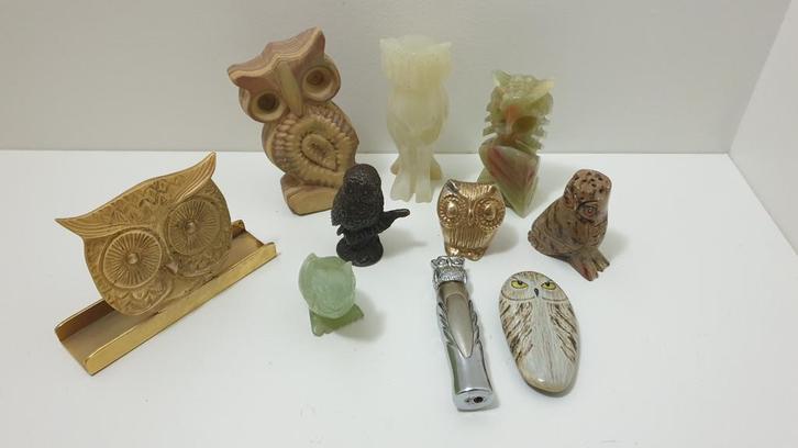 Minéraux, laiton, jade, marbre onyx et hiboux en fonte, Collections, Statues & Figurines, Enlèvement ou Envoi