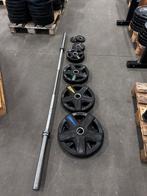 107,5kg Olympische Rubberen Lifemaxx Gewichten + Barbell, Sport en Fitness, Ophalen, Gebruikt, Halterschijven