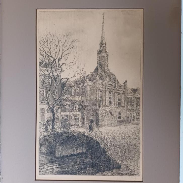 Eugène Rensburg (1872 - 1956) - Ets - "Stadhuis Schoonhoven", Antiek en Kunst, Kunst | Etsen en Gravures, Ophalen of Verzenden