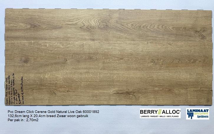 Pvc Dream Click Cerene Gold Natural Oak €12,95p/m2 inc.btw, Huis en Inrichting, Stoffering | Vloerbedekking, Nieuw, Laminaat, Beige