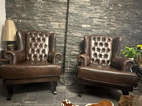Leren fauteuils in Chesterfield-stijl, Huis en Inrichting, Fauteuils, Zo goed als nieuw, Leer, 75 tot 100 cm, 150 cm of meer, Ophalen