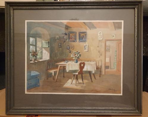 Schilderij, Interieur, gouache, Otto Schar,, Antiek en Kunst, Kunst | Schilderijen | Klassiek, Ophalen