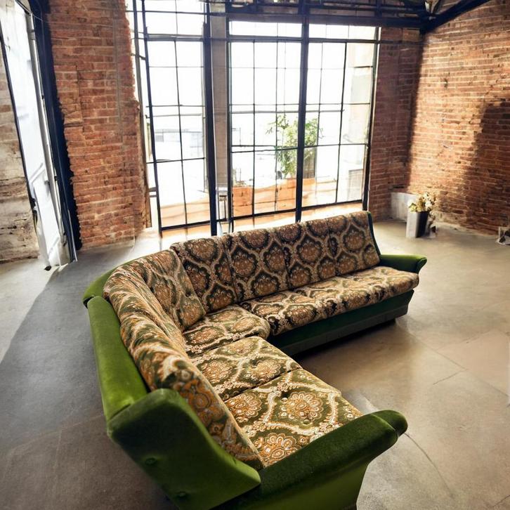 Vintage hoekzetel / salon / couch met franjes, Antiek en Kunst, Antiek | Meubels | Stoelen en Sofa's, Ophalen of Verzenden