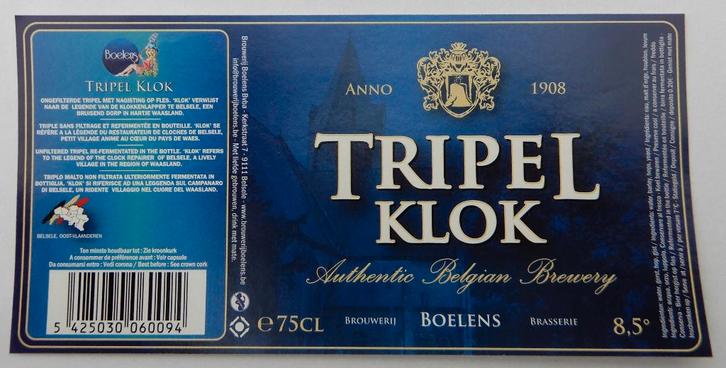 Bieretiket Tripel Klok Brouwerij Boelens (12b8), Verzamelen, Biermerken, Nieuw, Ophalen of Verzenden