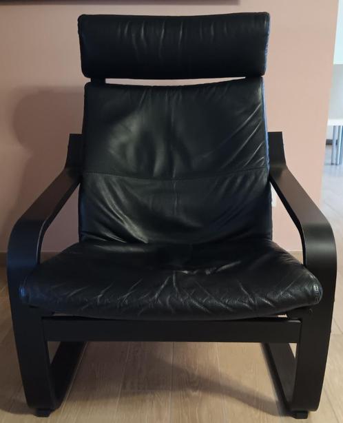 Ikea Poäng fauteuil en Poäng voetenbank, Huis en Inrichting, Fauteuils, Zo goed als nieuw, Hout, Leer, Ophalen