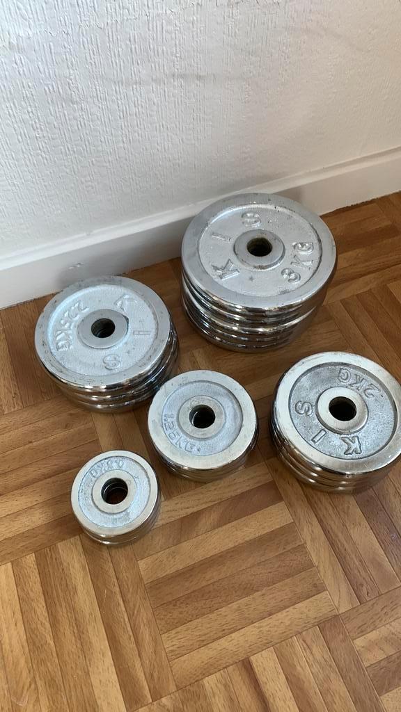 Set chrome gietijzeren schijven, Sports & Fitness, Équipement de fitness, Comme neuf, Enlèvement