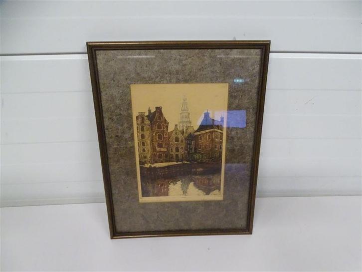 A6545. Gesigneerde ets van Damrak, Amsterdam, Antiek en Kunst, Kunst | Etsen en Gravures, Ophalen of Verzenden