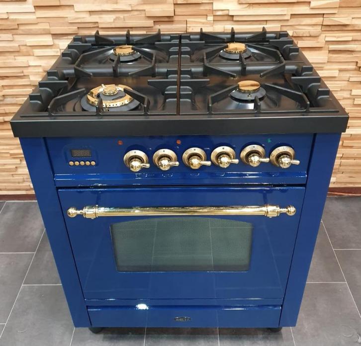 🔥 Poêle Boretti de luxe 70 cm bleu roi + laiton 4 brûleurs, Electroménager, Cuisinières, Comme neuf, Autoportant, 4 zones de cuisson