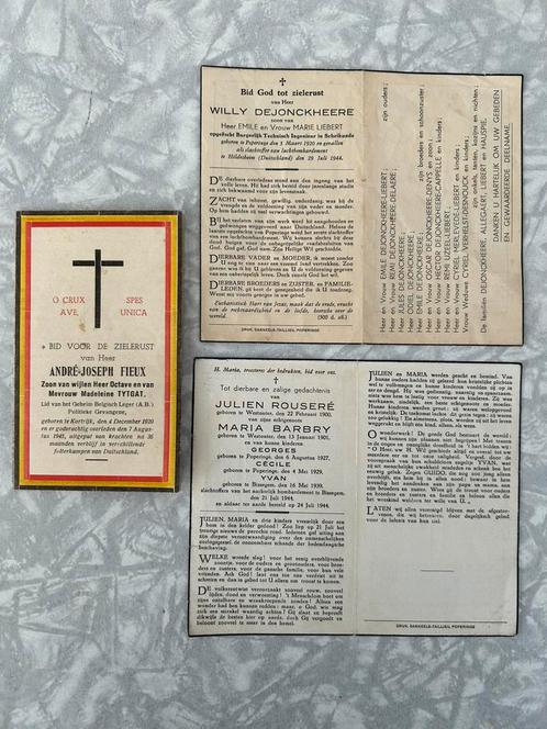 1940 - 1945 : 3 bidprentjes : GEHEIM LEGER + WEGGEVOERDE +, Verzamelen, Bidprentjes en Rouwkaarten, Ophalen of Verzenden