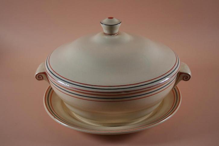 pot met schaal met rode keramische lijnen, Antiquités & Art, Antiquités | Céramique & Poterie, Enlèvement ou Envoi