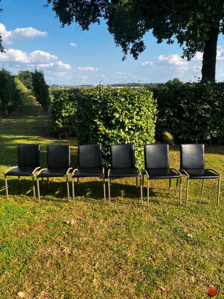 6 lederen stoelen, Huis en Inrichting, Stoelen, Gebruikt, Vijf, Zes of meer stoelen, Leer, Metaal, Zwart, Ophalen