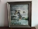 Schilderij op doek wilde eenden ganzen in hoiten lijst kader, Ophalen of Verzenden