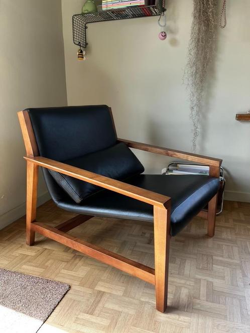 Vintage design stoel relax zetel fauteuil industrieel, Huis en Inrichting, Stoelen, Zo goed als nieuw, Eén, Hout, Leer, Metaal