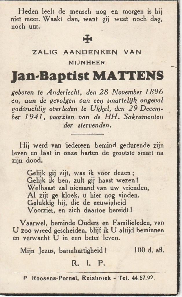 Oorlogsslachtoffer40/45 Jan Baptist Mattens Anderlecht-Ukkel, Verzamelen, Bidprentjes en Rouwkaarten, Ophalen