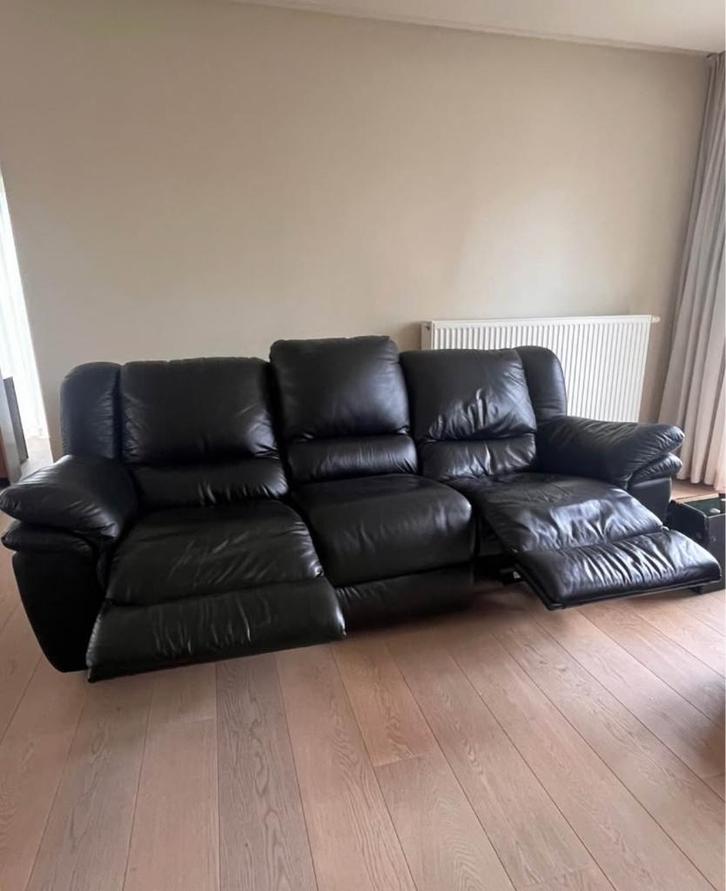 Zwarte leren zetelset (drie- en tweezit), Maison & Meubles, Canapés | Coins salons complets, Utilisé, Cuir, Enlèvement
