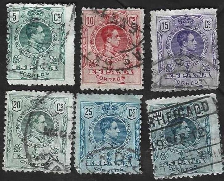 6 Postzegels Spanje 1909 Koning Alfons XIII, Timbres & Monnaies, Timbres | Europe | Espagne, Affranchi, Enlèvement ou Envoi