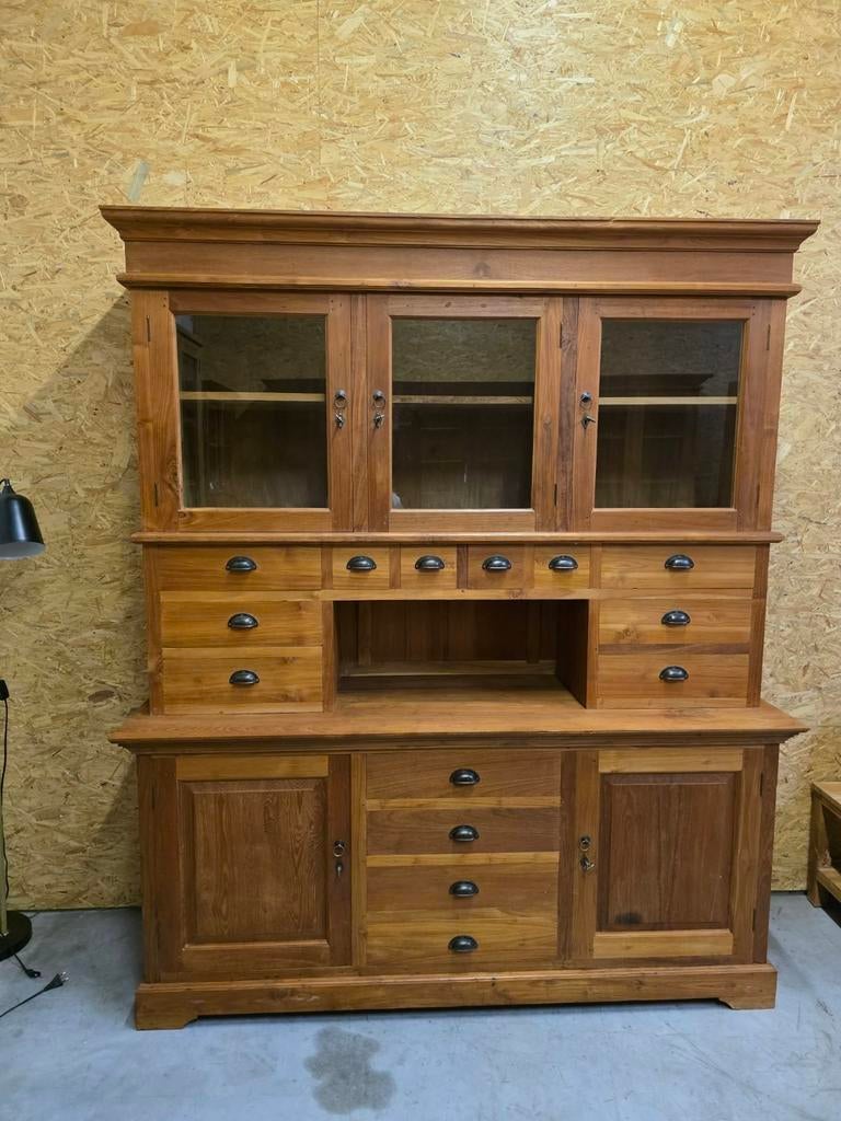 Prachtige massief teakhouten buffetkast/vitrine 180cm, Ophalen