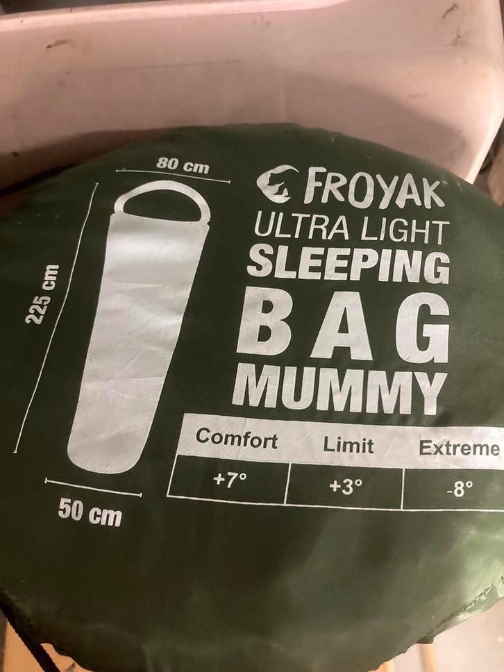Sac de couchage ultraléger Froyak Mummy 225 long, Caravanes & Camping, Sacs de couchage, Comme neuf, Enlèvement