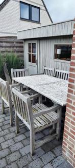 Houten teaken tuintafel met 4 stoelen ,1bank en zitkussens, Tuin en Terras, Tuinsets en Loungesets, Ophalen, Gebruikt, Bank