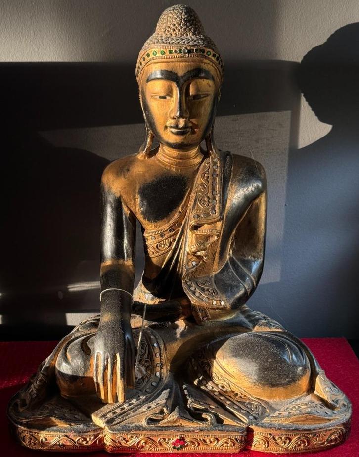 Oud houten Mandalay Boeddhabeeld - Birma 1950, Antiek en Kunst, Kunst | Niet-Westerse kunst, Ophalen of Verzenden