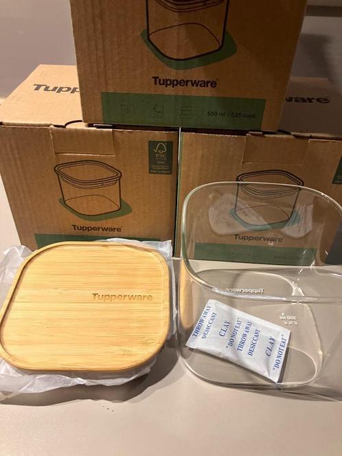 Tupperware bewaardozen in glas en bamboedeksel 3 st, Huis en Inrichting, Keuken | Tupperware, Nieuw, Bus of Trommel, Verzenden
