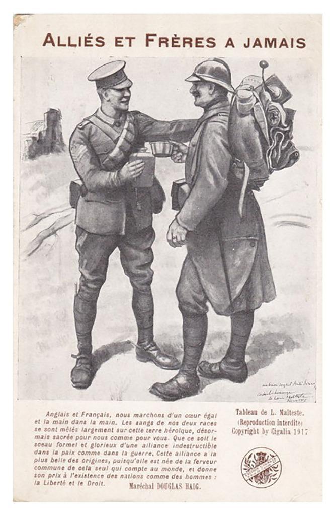 Frankrijk Z/W postkaart 'Alliés et Frères à jamais' 1917, Verzamelen, Postkaarten | Themakaarten, Ongelopen, Voor 1920, Politiek en Historie