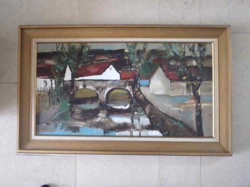 Village avec pont et rivière vers 1960 - signé, Antiquités & Art, Art | Peinture | Classique, Enlèvement ou Envoi