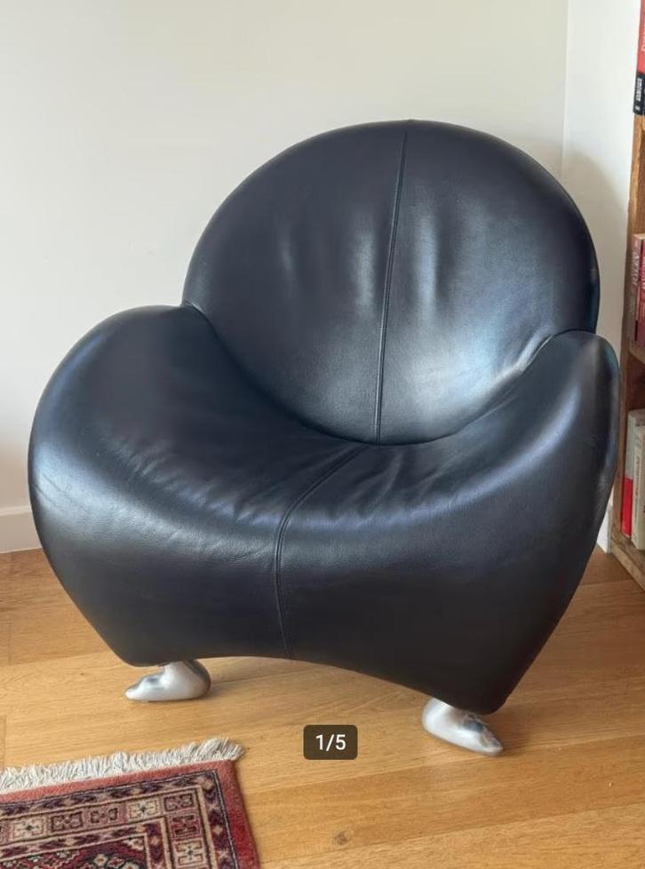 Leolux Papageno fauteuil — zwart leer, Huis en Inrichting, Fauteuils, Gebruikt, Leer, 75 tot 100 cm, 75 tot 100 cm, Ophalen