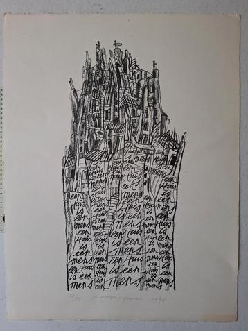 Grote litho Hugo Heyens "Een mens is een huis" uit 1976 beschikbaar voor biedingen