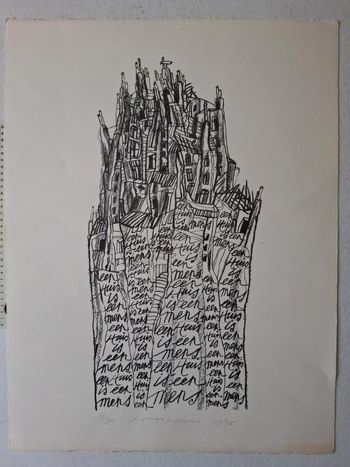Grote litho Hugo Heyens "Een mens is een huis" uit 1976, Antiek en Kunst, Kunst | Litho's en Zeefdrukken, Ophalen of Verzenden