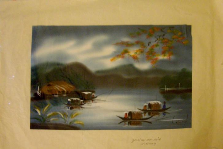 schilderij op stof - landschap in Vietnam, Antiek en Kunst, Kunst | Schilderijen | Klassiek, Ophalen of Verzenden