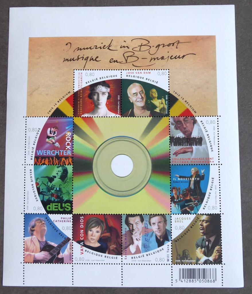 Feuillet 8 timbres belges "Musique en B-Majeur" - 2008, Enlèvement ou Envoi, Non oblitéré, Musique