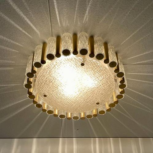 Kaiser Leuchten plafonnière met messing en ijsglas, Huis en Inrichting, Lampen | Plafondlampen, Glas, Metaal, Ophalen of Verzenden