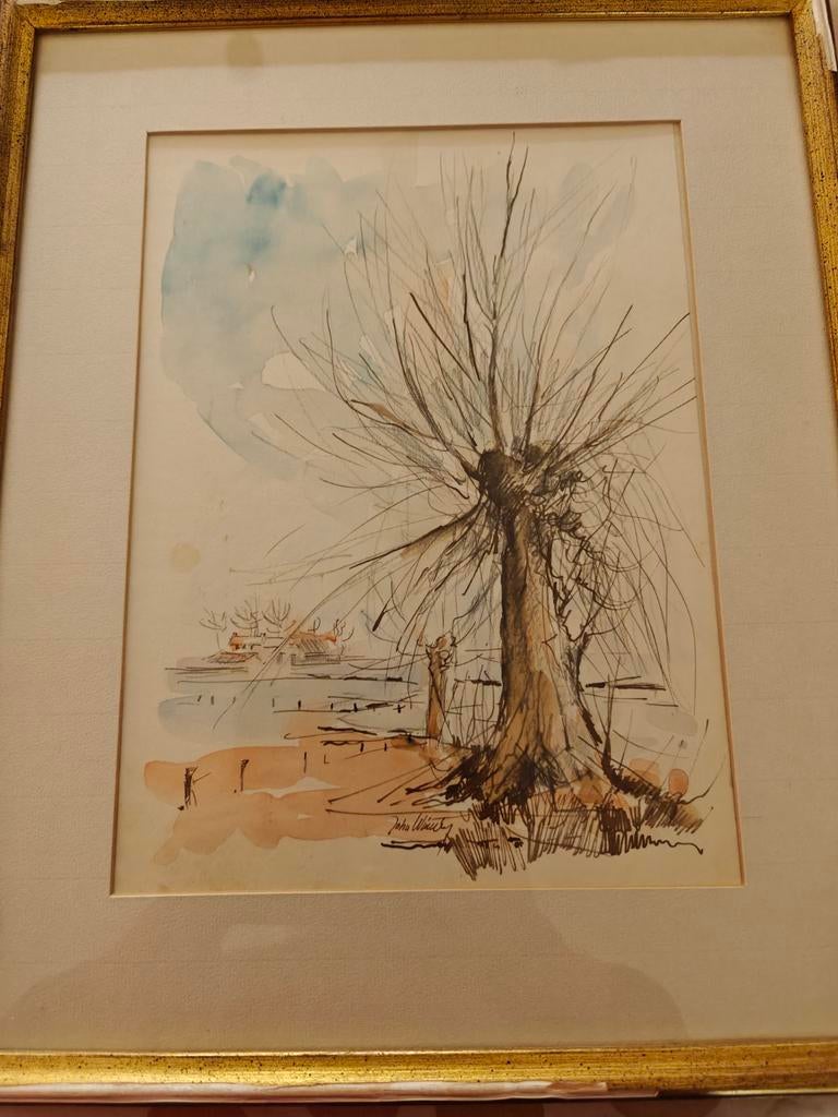 Aquarel van wilg in kust landschap, Antiek en Kunst, Kunst | Schilderijen | Klassiek, Ophalen of Verzenden