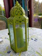 Groene decoratief lantaarn in ijzer met kaars.Hoogte 32 cm, Tuin en Terras, Zo goed als nieuw, Ophalen