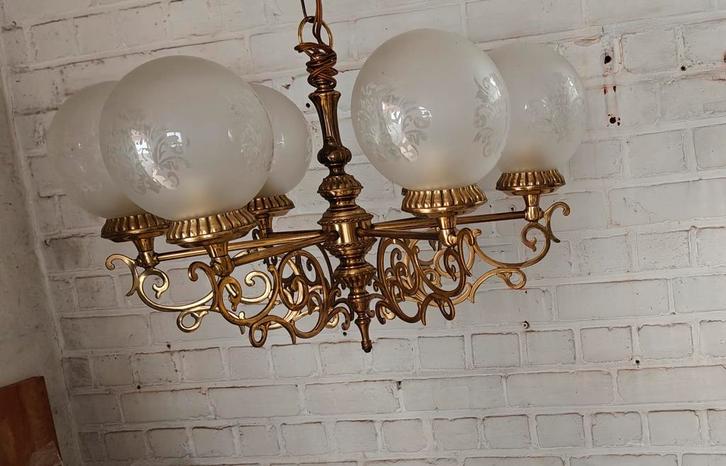 Hanglamp met 6 glazen bollen, Antiek en Kunst, Antiek | Verlichting, Ophalen