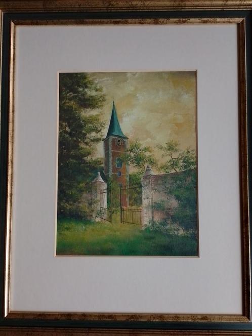 Gies Cosyns  1920 - 1997  Aquarel Poort een kerktoren, Antiek en Kunst, Kunst | Schilderijen | Klassiek, Verzenden