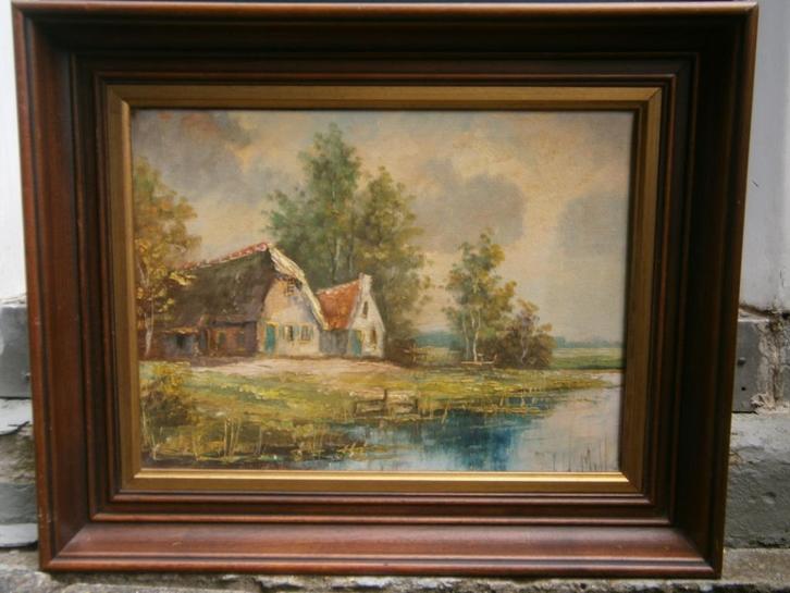 Jan Hendrik Miller: Boerenwoningen nabij een kreek, Antiek en Kunst, Kunst | Schilderijen | Klassiek, Ophalen of Verzenden