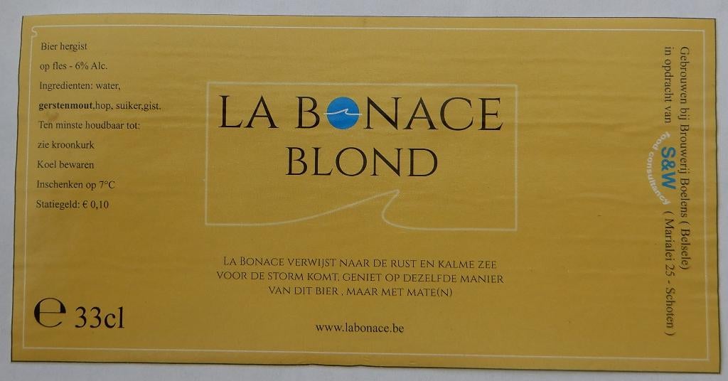Étiquette de bière La Bonace blonde Brasserie Boelens (11t7), Collections, Marques de bière, Utilisé, Envoi
