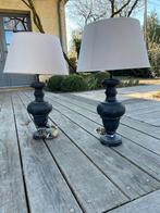 Paar zwarte houten lampen met lampenkappen, Ophalen of Verzenden, Zo goed als nieuw, Beige