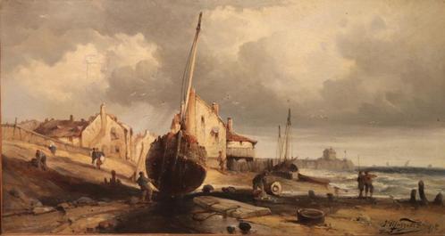 19e eeuws zicht op de Franse kust, Antiek en Kunst, Kunst | Schilderijen | Klassiek, Ophalen of Verzenden