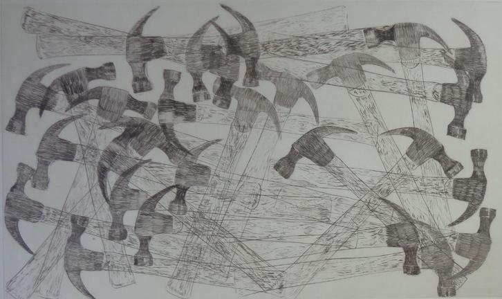 ARMAN FERNANDEZ / HAMERS / ZW-W ETS / 64x92cm / KADER / SIG, Antiek en Kunst, Kunst | Litho's en Zeefdrukken, Ophalen