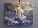 Mooi Olieverfschilderij 'The Lake' Mannelijk naakt, Antiek en Kunst, Kunst | Schilderijen | Modern, Ophalen of Verzenden