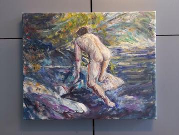 Mooi Olieverfschilderij 'The Lake' Mannelijk naakt beschikbaar voor biedingen