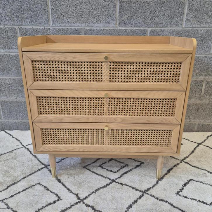 Commode 3 tiroirs en bois et cannage L85cm, Huis en Inrichting, Kasten | Ladekasten, Nieuw, 3 of 4 laden, Ophalen
