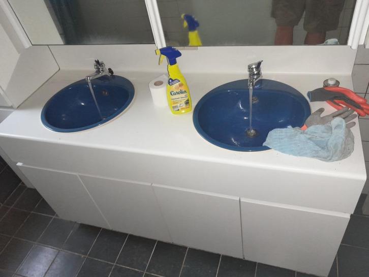 Badkamermeubel met 2 lavabos en spiegel, Huis en Inrichting, Badkamer | Badkamermeubels, Gebruikt, Wastafelkast, 200 cm of meer